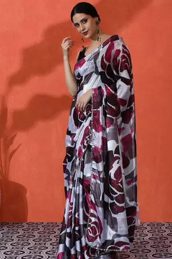 Off white chinon digital printed girlie partywear saree