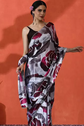 Off white chinon digital printed girlie partywear saree
