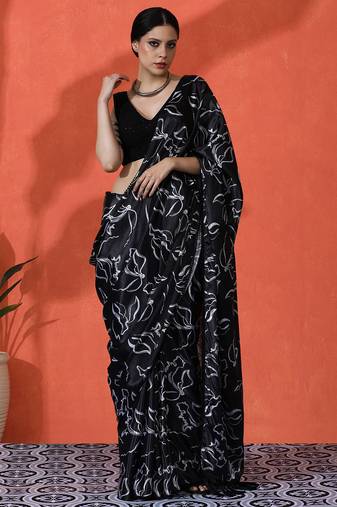 Black color chinon fabric designer digital printed girlie partywear saree