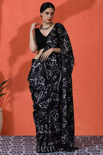 Black color chinon fabric designer digital printed girlie partywear saree