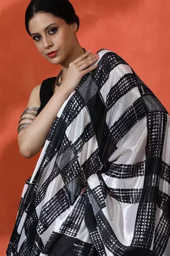 Off white chinon digital printed girlie partywear saree
