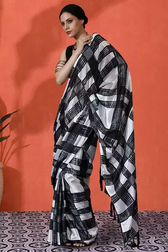 Off white chinon digital printed girlie partywear saree