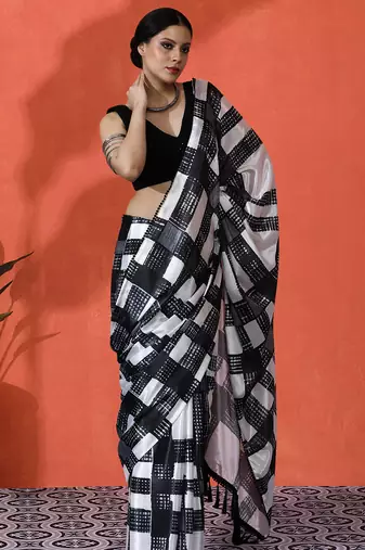 Off white chinon digital printed girlie partywear saree