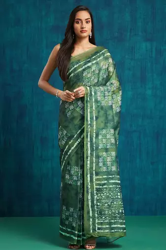 Green color pre stitched muslin fabric designer printed partywear saree