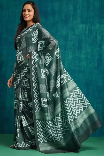 Olive color pre stitched muslin fabric designer printed partywear saree