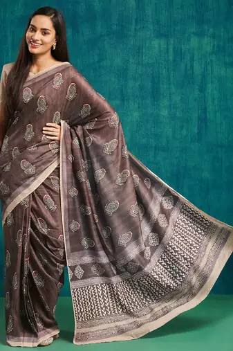 Mauve color pre stitched muslin fabric designer printed partywear saree