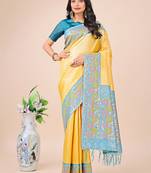 Yellow color lichi silk fabric woven partywear saree