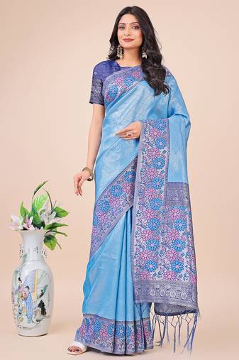 Sky blue color lichi silk fabric woven designer partywear saree
