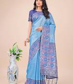 Sky blue color lichi silk fabric woven partywear saree