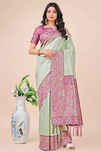 Olive green color lichi silk fabric woven designer partywear saree