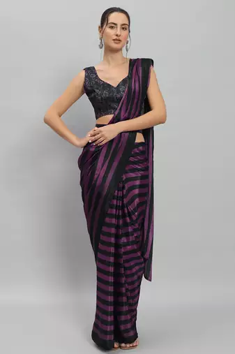 Purple color satin fabric designer ready to wear ceremonial saree