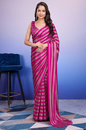 Pink color satin fabric designer ready to wear ceremonial saree