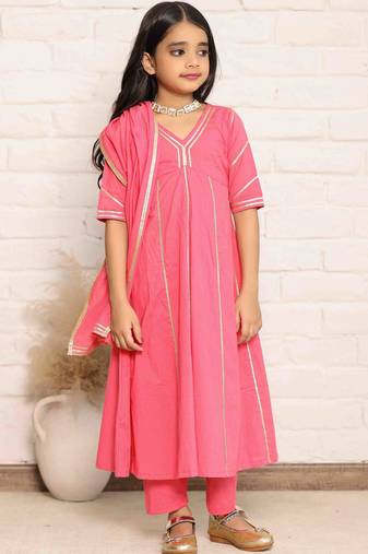 Coral Pink Gotta Work Anarkali Kurta with Pants and Dupatta Set for Girls (Set of 3)