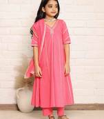 Coral Pink Gotta Work Anarkali Kurta with Pants and Dupatta Set for Girls (Set of 3)