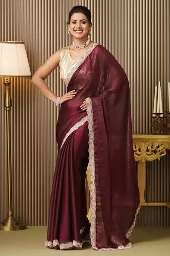 Maroon color chiffon fabric fancy designer  bollywood party saree