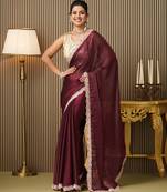 Maroon color chiffon fabric fancy bollywood party saree
