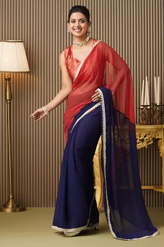 Navy blue color chiffon fabric fancy designer  bollywood party saree