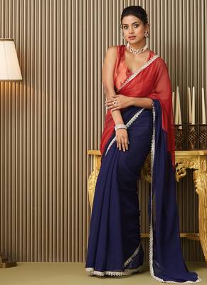 Navy blue chiffon fancy party saree 5