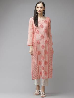 Hand embroidered peach chanderi lucknow chikankari kurta 1