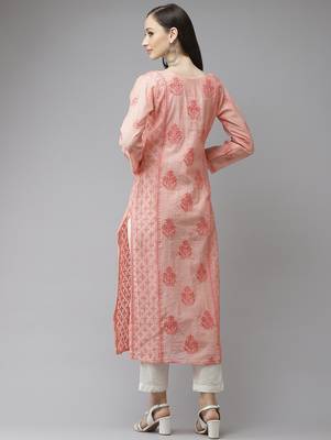 Hand embroidered peach chanderi lucknow chikankari kurta 2