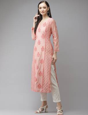 Hand embroidered peach chanderi lucknow chikankari kurta 3