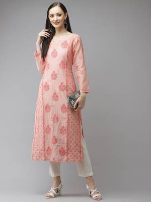 Hand embroidered peach chanderi lucknow chikankari kurta 4