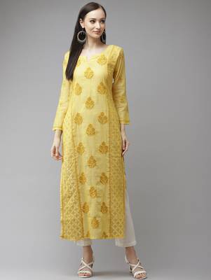 Hand embroidered yellow chanderi lucknow chikankari kurta 1
