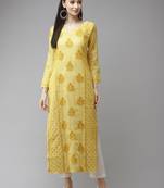 Hand embroidered yellow chanderi lucknow chikankari kurta