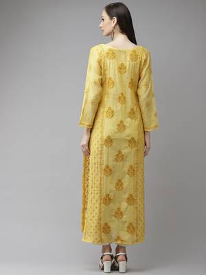 Hand embroidered yellow chanderi lucknow chikankari kurta 2