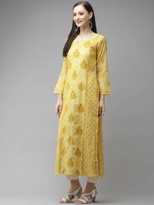 Hand embroidered yellow chanderi lucknow chikankari kurta 3