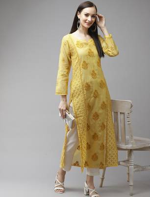 Hand embroidered yellow chanderi lucknow chikankari kurta 4