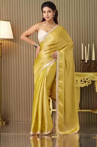Gold color chiffon fabric fancy designer  bollywood party saree