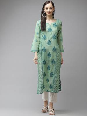 Hand embroidered sea green chanderi lucknow chikankari kurta 1