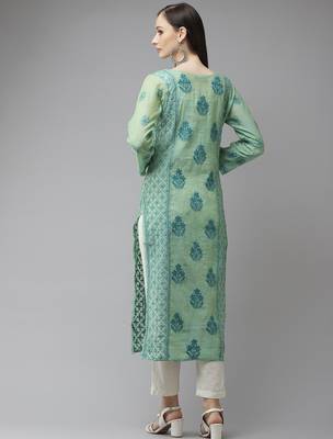 Hand embroidered sea green chanderi lucknow chikankari kurta 2