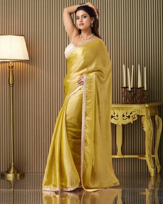 Gold chiffon fancy party saree 4