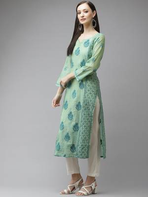 Hand embroidered sea green chanderi lucknow chikankari kurta 3