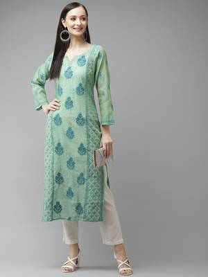 Hand embroidered sea green chanderi lucknow chikankari kurta 4