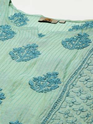Hand embroidered sea green chanderi lucknow chikankari kurta 5