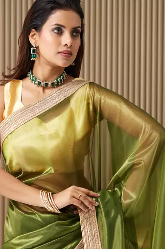 Green net fancy party saree