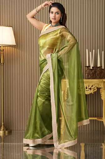 Green net fancy party saree