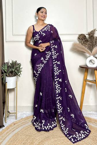 Purple color crunchy ethnic fabric beautiful embroidered saree