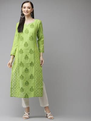 Hand embroidered green chanderi lucknowi chikankari straight kurta 1