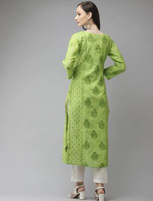 Hand embroidered green chanderi lucknowi chikankari straight kurta 2