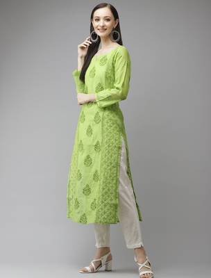 Hand embroidered green chanderi lucknowi chikankari straight kurta 3