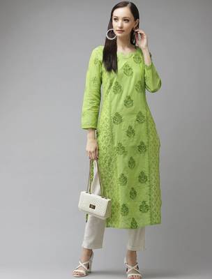 Hand embroidered green chanderi lucknowi chikankari straight kurta 4