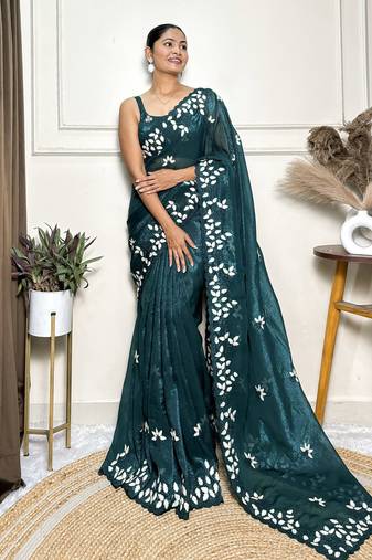 Rama color crunchy ethnic fabric beautiful embroidered saree