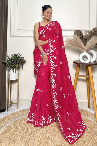 Pink color crunchy ethnic fabric beautiful embroidered saree