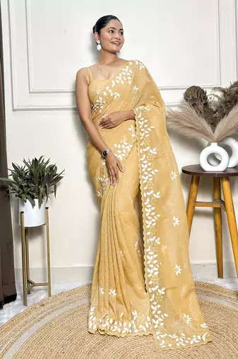 Yellow color crunchy ethnic fabric beautiful embroidered saree
