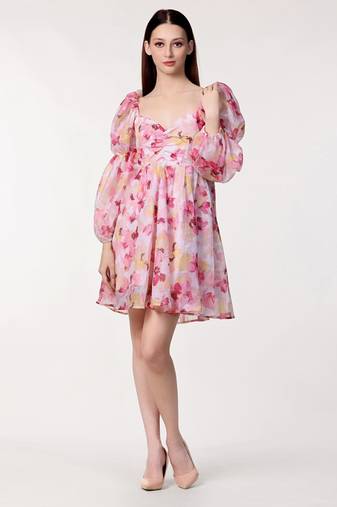 Pink flower print organza western dress