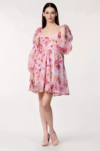 Pink flower print organza western dress